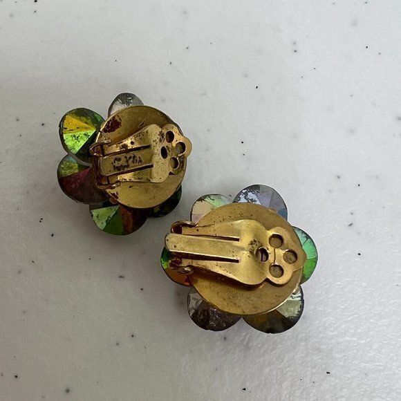 Vintage Rivoli‎ Earrings Clip On Rainbow AB Beaded Swirl Gold Tone - Picture 5 of 9